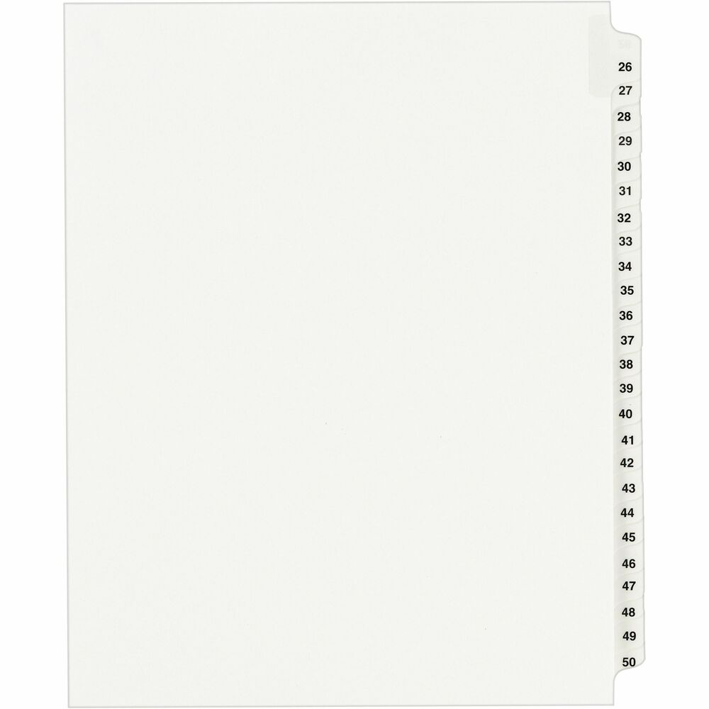 AVE01331 - Dividers are ideal for index briefs, legal exhibits, mortgage documentation files and more. White paper stock features clear RipProof reinforced side tabs that are printed on both sides in Avery Style (Helvetica bold type). Binding edge is unpunched so indexes can fit any binding system.