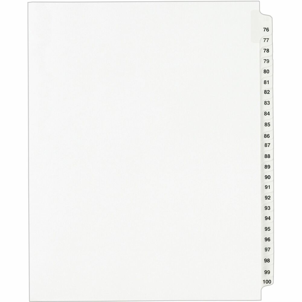 AVE01333 - Dividers are ideal for index briefs, legal exhibits, mortgage documentation files and more. White paper stock features clear RipProof reinforced side tabs that are printed on both sides in Avery Style (Helvetica bold type). Binding edge is unpunched so indexes can fit any binding system.