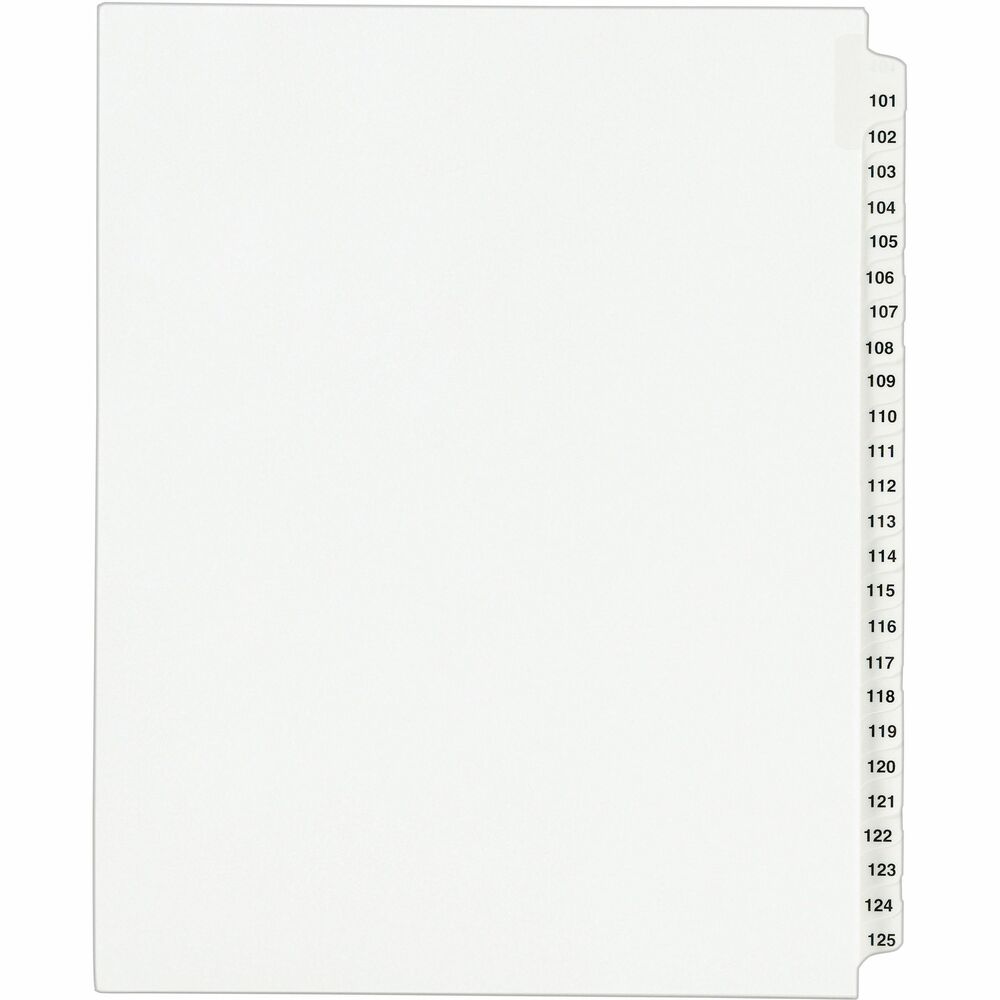 AVE01334 - This Standard Collated Legal Divider Set features side tabs labeled 101 through 125 so it's perfect for index briefs, legal exhibits, mortgage documentation files and more. Clear, Rip Proof reinforced tabs are preprinted on both sides using Helvetica bold type for easy use. Unpunched binding edge on these letter-size dividers gives you the freedom to fit practically any binding system. Dividers are made of white paper stock.