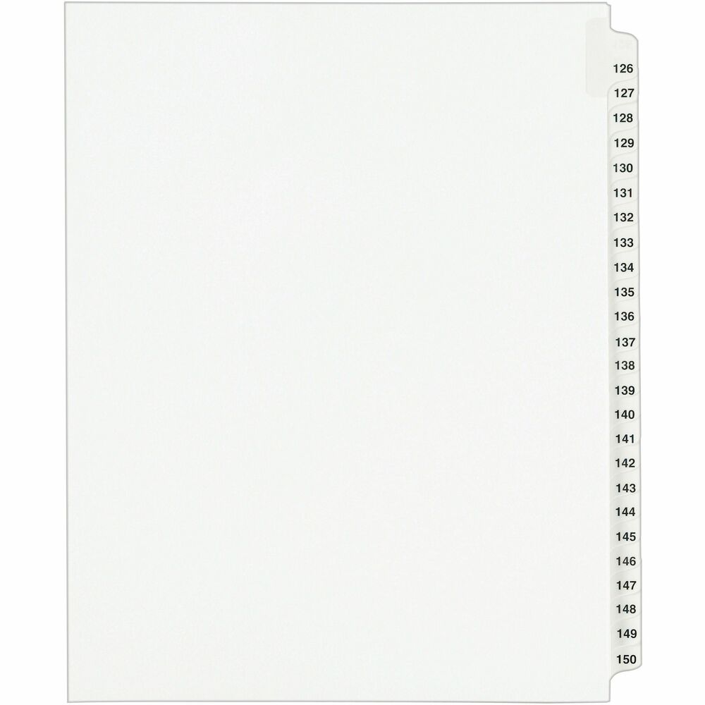 AVE01335 - This Standard Collated Legal Divider Set features side tabs labeled 126 through 150 so it's perfect for index briefs, legal exhibits, mortgage documentation files and more. Clear, Rip Proof reinforced tabs are preprinted on both sides using Helvetica bold type for easy use. Unpunched binding edge on these letter-size dividers gives you the freedom to fit practically any binding system. Dividers are made of white paper stock.