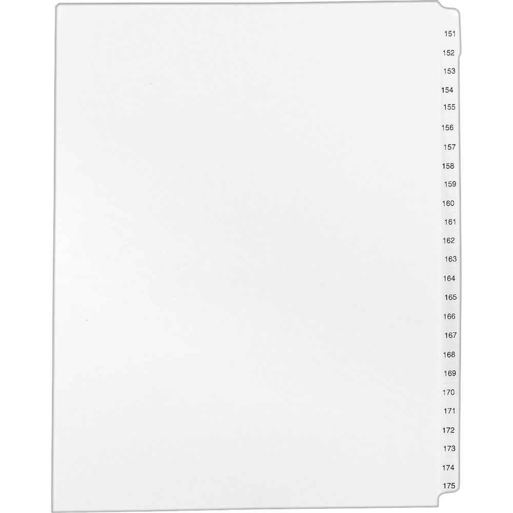 AVE01336 - This Standard Collated Legal Divider Set features side tabs labeled 151 through 175 so it's perfect for index briefs, legal exhibits, mortgage documentation files and more. Clear, Rip Proof reinforced tabs are preprinted on both sides using Helvetica bold type for easy use. Unpunched binding edge on these letter-size dividers gives you the freedom to fit practically any binding system. Dividers are made of white paper stock.
