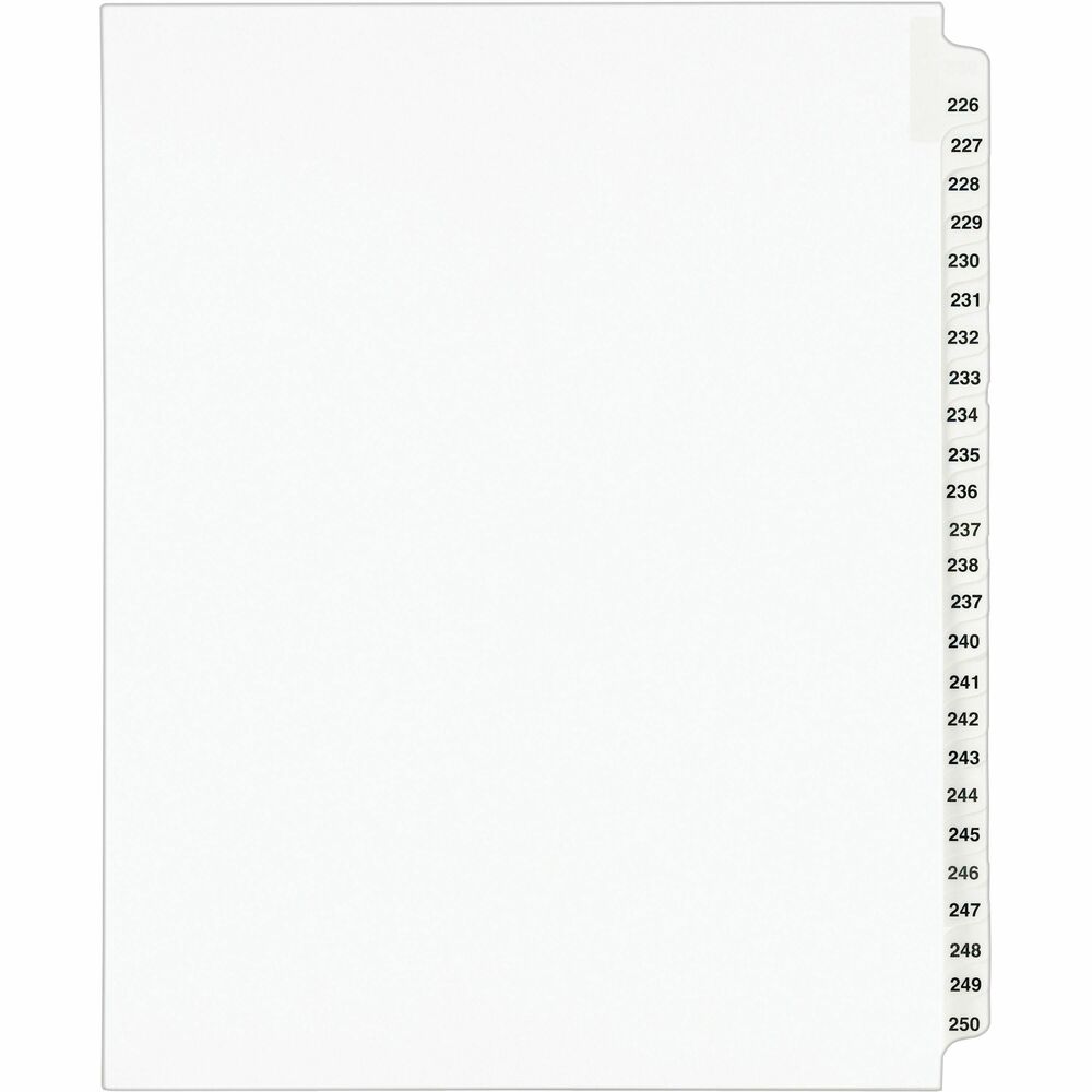 AVE01339 - This Standard Collated Legal Divider Set features side tabs labeled 226 through 250 so it's perfect for index briefs, legal exhibits, mortgage documentation files and more. Clear, Rip Proof reinforced tabs are preprinted on both sides using Helvetica bold type for easy use. Unpunched binding edge on these letter-size dividers gives you the freedom to fit practically any binding system. Dividers are made of white paper stock.