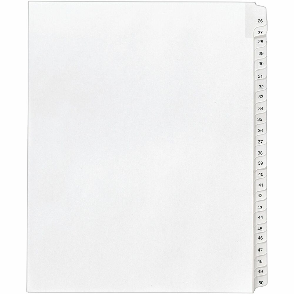 AVE01702 - Dividers are ideal for index briefs, legal exhibits, mortgage documentation files and more. White paper stock features clear RipProof reinforced side tabs that are printed on both sides. Tabs are printed with Allstate Style (Helvetica Regular type). Binding edge is unpunched so indexes can fit any binding system.