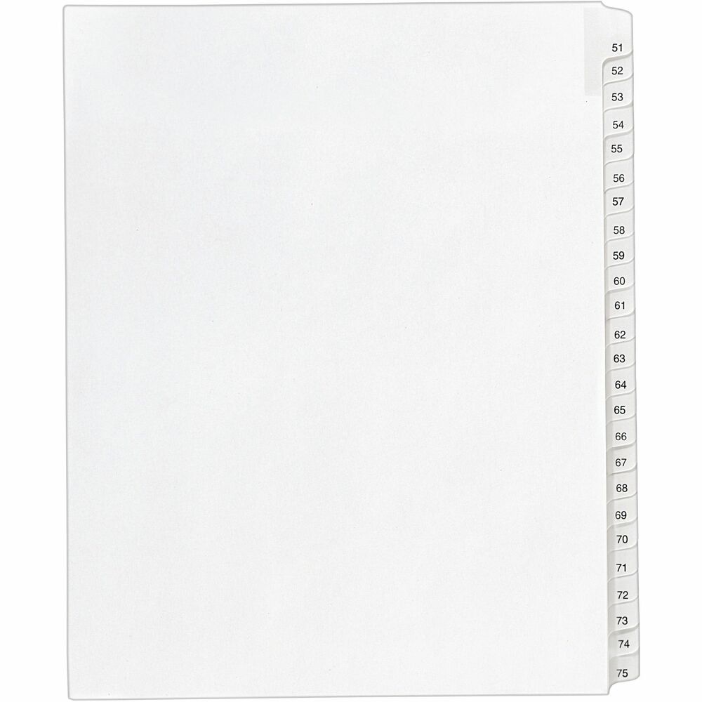 AVE01703 - Dividers are ideal for index briefs, legal exhibits, mortgage documentation files and more. White paper stock features clear RipProof reinforced side tabs that are printed on both sides. Tabs are printed with Allstate Style (Helvetica Regular type). Binding edge is unpunched so indexes can fit any binding system.