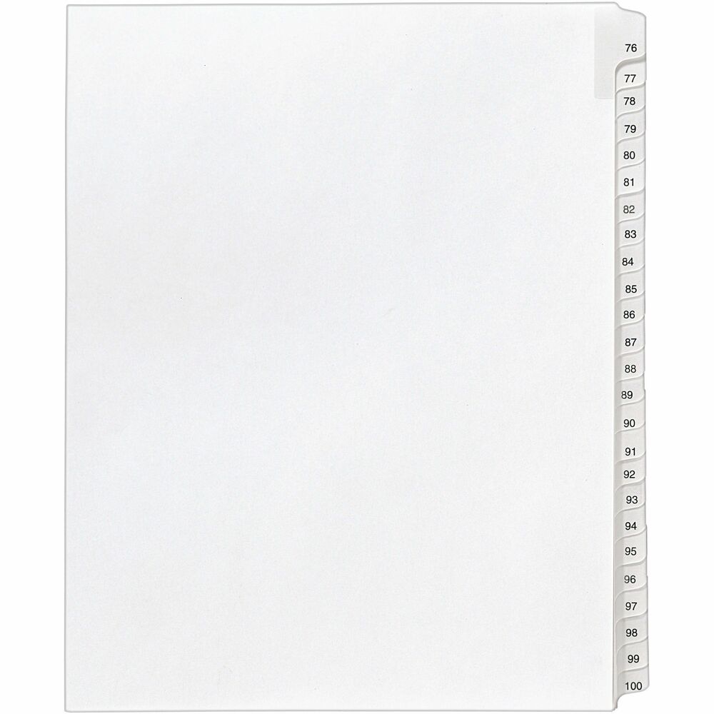 AVE01704 - Dividers are ideal for index briefs, legal exhibits, mortgage documentation files and more. White paper stock features clear RipProof reinforced side tabs that are printed on both sides. Tabs are printed with Allstate Style (Helvetica Regular type). Binding edge is unpunched so indexes can fit any binding system.