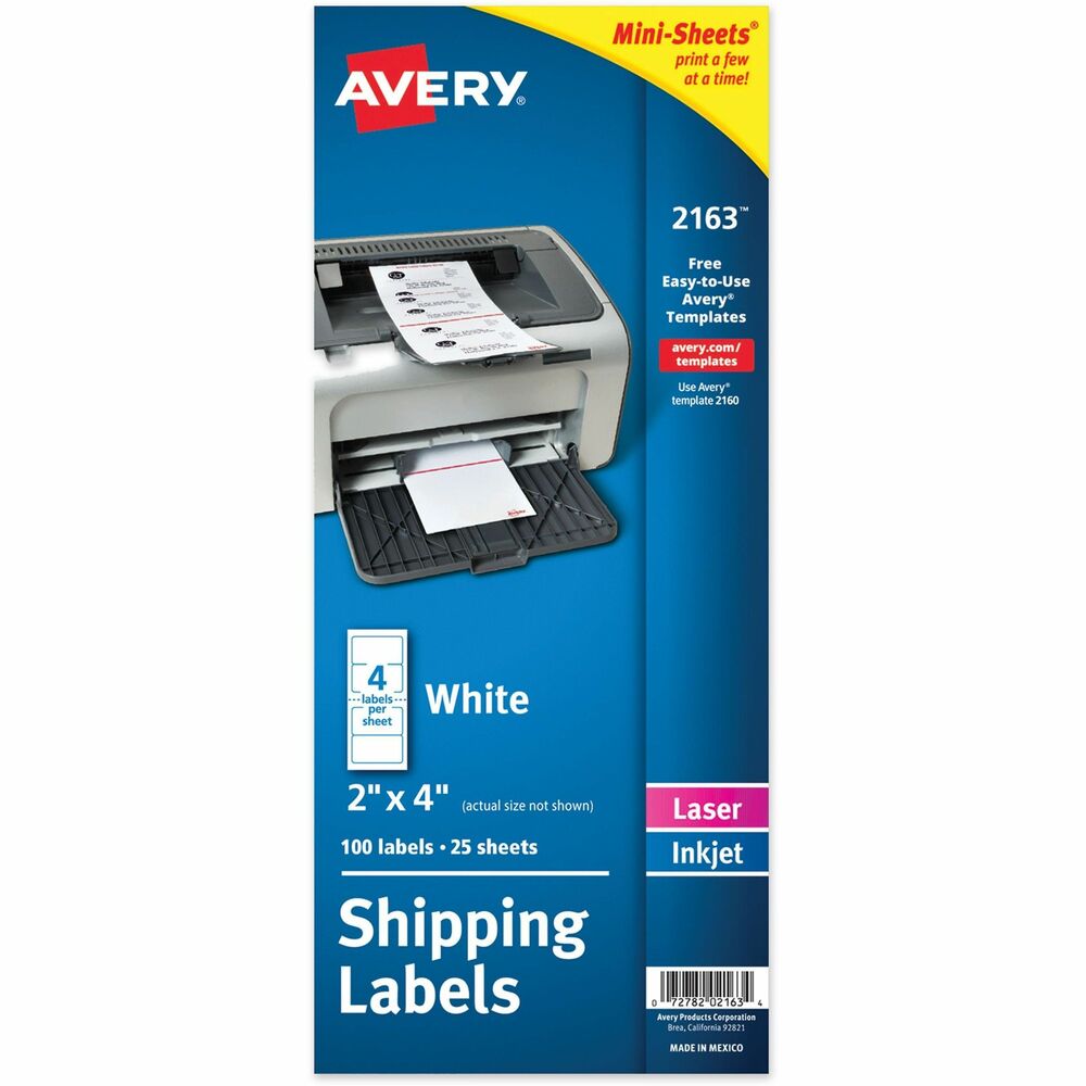 AVE2163 - When you only need a few labels, Avery 2163 Mini-Sheet 2" x 4" Shipping Labels are the perfect solution. These compact sheets let you print just a few labels at a time, reducing waste and saving time compared to full-sheet formats. Designed for convenience and versatility, the bright white material ensures your text and graphics pop, delivering a clean, professional appearance that's ideal for addressing, shipping, organizing, and more. Customize your labels effortlessly with Avery Design & Print, our easy-to-use design software that offers templates, designs, and tools to help you create personalized stickers for any project. Whether you're designing shipping labels, product packing labels, moving box labels, or inventory labels, these label stickers are a perfect blank canvas to show off your style. Each 4.25" x 10" mini-sheet is optimized for both laser and inkjet printers, ensuring crisp graphics and clear text without smearing or smudging. Perfect for home, office, or small business use, these Avery labels are an efficient and reliable choice for small-scale projects that don't require an entire sheet of labels. Elevate your organization and create professional results with Avery Shipping Labels. This item includes 25 sheets, 4 labels per sheet, for a total of 100 of printable shipping labels. More from the Manufacturer