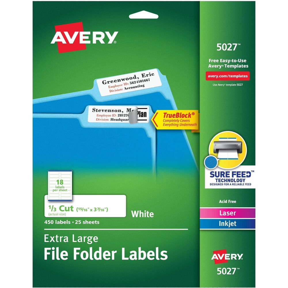 AVE5027 - Maximize text space on your file for quick and easy identification with these extra-large filing labels. Ideal for multiple lines of text, larger font sizes, graphics and logos. TrueBlock technology allows the labels to completely cover everything underneath so you can reuse file folders again and again. Labels stick and stay without lift or curl. Sized for 1/3-cut tabs on file folders. Avery offers many easy-to-use templates for Microsoft Word and many other software programs. Compatible with inkjet and laser printers. More from the Manufacturer