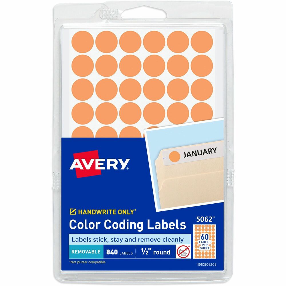 AVE05062 - Your organization system can be spot-on with these removable color-coding labels. The small size makes them ideal for adding emphasis to documents, controlling inventory, marking prices and more. Keep track of related objects, mark important dates on your calendar or use for a variety of other purposes where it's important to catch the eye quickly. The labels are removable so you can place them firmly yet remove them when no longer needed. Labels come on a 4" x 6" sheet with 60 labels per sheet.