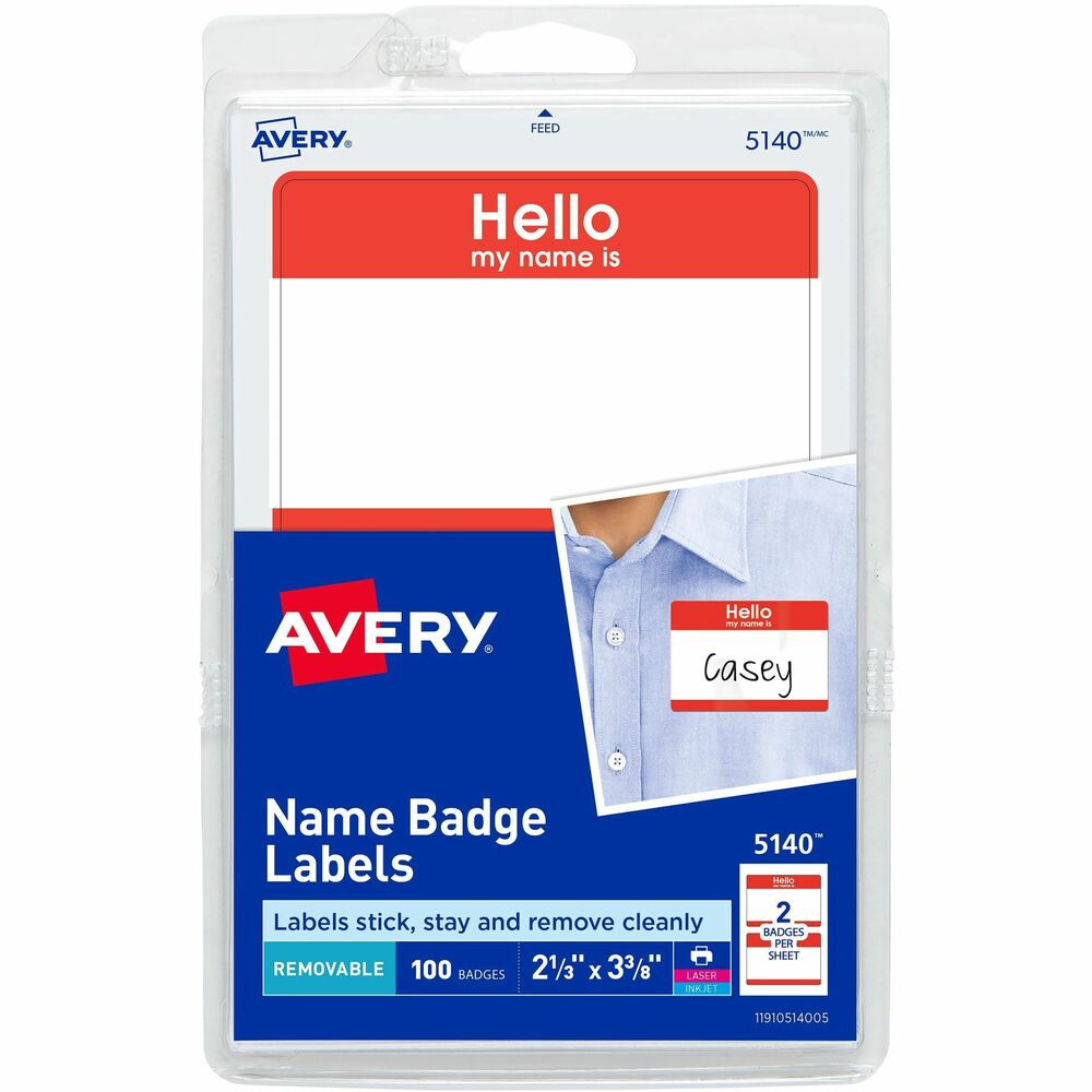 AVE5140 - Name badges are ideal for conferences, seminars, meetings or special events. Write on or run through a laser or inkjet printer. Self-adhesive badges adhere firmly and remove easily. Badge labels are designed for most fabrics except vinyl, leather, suede, silk, velvet and corduroy. Each 3.6 mil thick sheet includes two badges with removable adhesive. Each badge has a colored border with the preprinted message, "Hello, my name is" in white. More from the Manufacturer
