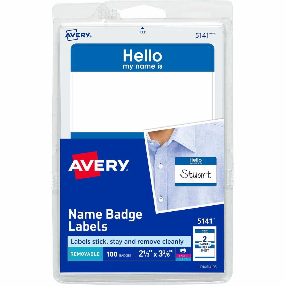 AVE5141 - Name badges are ideal for conferences, seminars, meetings or special events. Write on or run through a laser or inkjet printer. Self-adhesive badges adhere firmly and remove easily. Badge labels are designed for most fabrics except vinyl, leather, suede, silk, velvet and corduroy. Each 3.6 mil thick sheet includes two badges with removable adhesive. Each badge has a colored border with the preprinted message, "Hello, my name is" in white. More from the Manufacturer
