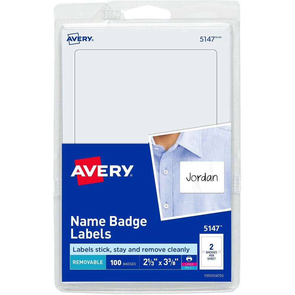 AVE5147 - Name badges are ideal for conferences, seminars, meetings or special events. Self-adhesive badges adhere firmly and remove easily from most fabrics except vinyl, leather, suede, silk, velvet and corduroy. Each 3.6 mil thick sheet contains two badges. Name badges are compatible with laser and inkjet printers and can also be used in your typewriter or just handwritten. More from the Manufacturer