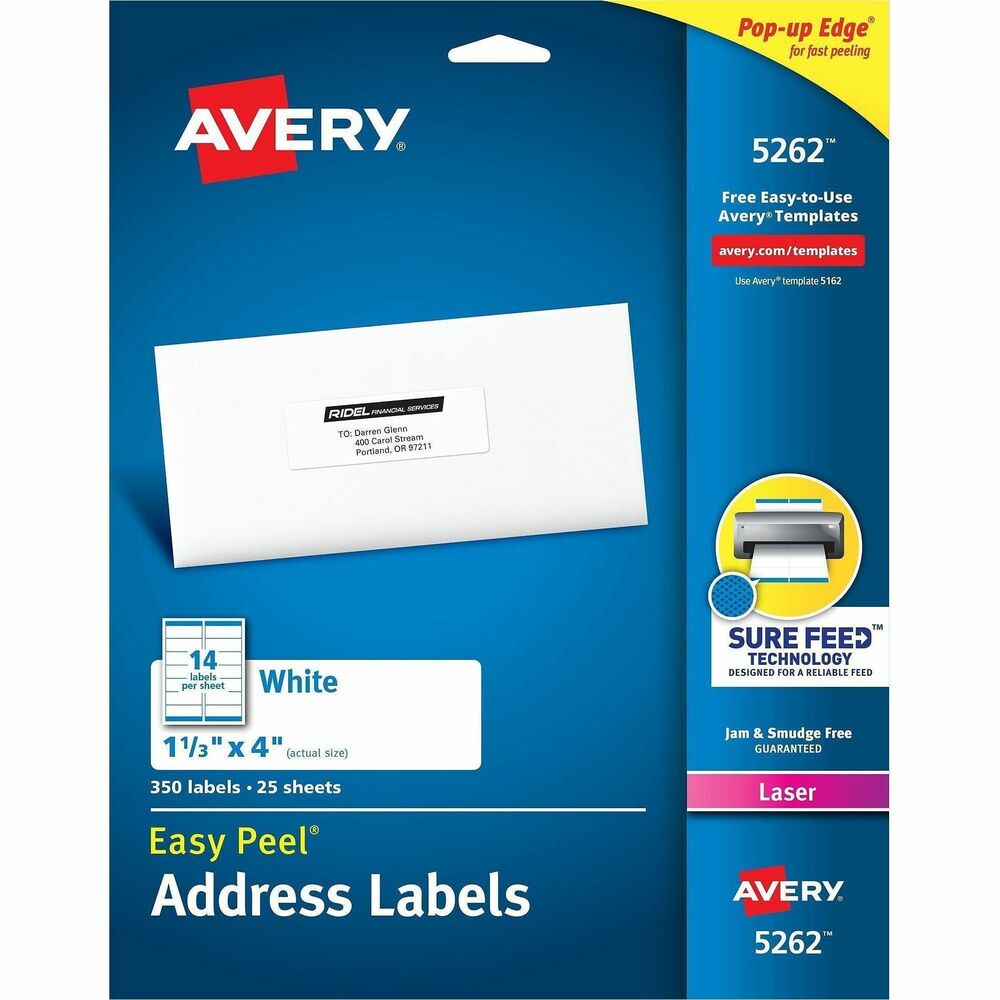 AVE5262 - Easy Peel White Address Labels are great when you want to create professional labels quickly and easily. They're perfect for high-volume mailing projects, labeling bottles, Ball and Mason jars, food containers, bath and beauty products, product branding, event decorations, party favors and crafts. Sure Feed technology is designed for a reliable feed through your printer, helping prevent misalignments and jams. The patented Easy Peel feature makes applying these labels a breeze. Simply bend the label sheet to expose the Pop-up Edge, peel off your label and fold the sheet back to flat. To easily customize your labels, use Avery's free online templates and designs. Each sheet includes 14 labels that each measure 4" wide x 1-1/3" high. More from the Manufacturer