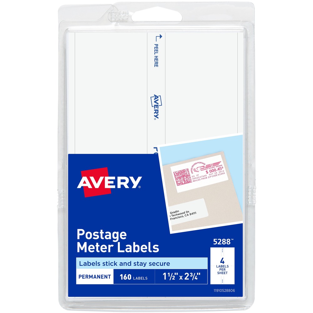 AVE05288 - Postage meter labels are designed for Pitney Bowes postage machines 5675, DM3, Touchmatic 5705, 5640, 4150 and 5830. Each sheet holds four labels. Use all four for postage or run two together to add your company logo or advertising message. Permanent adhesive ensures label will stay secure through the mailing process. More from the Manufacturer