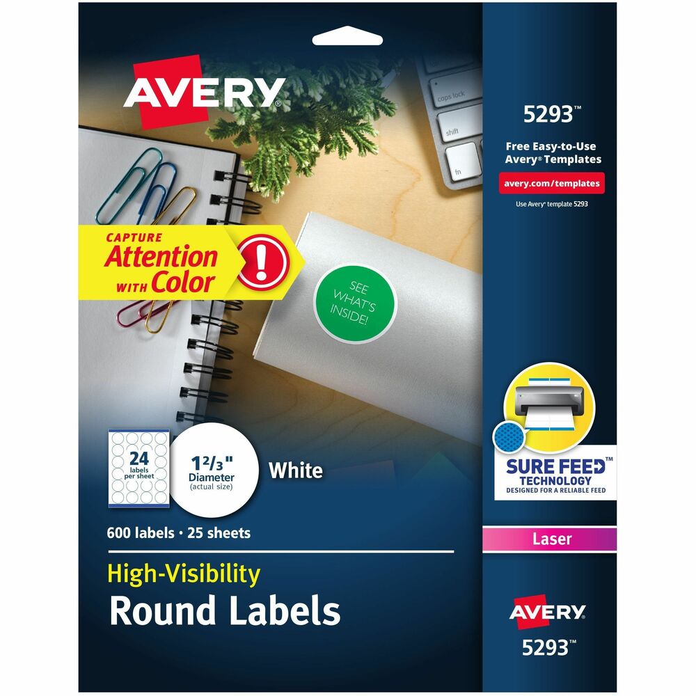 Avery® Round High Visibility Labels - 1 21/32" Diameter - Permanent Adhesive - Round - Inkjet, Laser - White - Paper - 24 / Sheet - 25 Total Sheets - 600 Total Label(s) - 600 / Pack