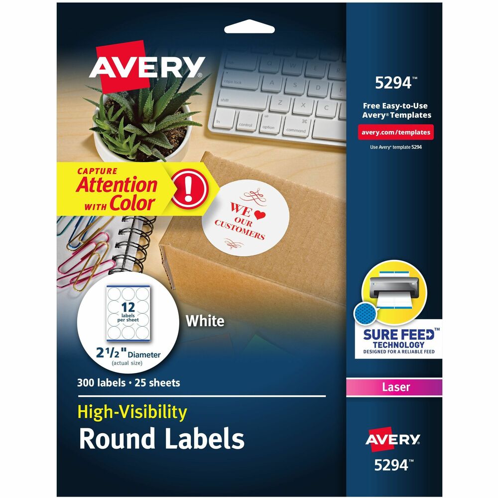 Avery® Round High Visibility Labels - 2 1/2" Diameter - Permanent Adhesive - Round - Inkjet, Laser - Matte - White - Paper - 12 / Sheet - 25 Total Sheets - 300 Total Label(s) - 300 / Pack