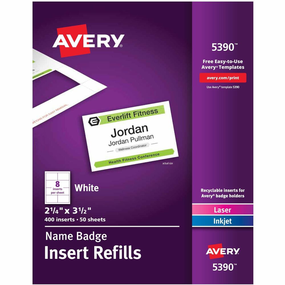 AVE5390 - Refill resupplies Avery Name Badge Kits so you can make more professional-looking name badges with inkjet or laser printers. Ideal for meetings, seminars, special events, conventions and more. Each sheet is microperforated to tear cleanly, leaving smooth edges. Avery offers many easy-to-use templates for Microsoft Word and other popular software programs. More from the Manufacturer