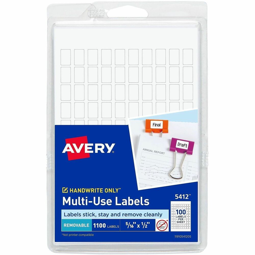 AVE05412 - These removable, writable labels are perfect for labeling of boxes, envelopes, packages and more. They stick and stay put, but remove cleanly with no messy residue when you need a change. Multi-Use Labels adhere to most smooth surfaces including paper, cardboard, plastic, wood, glass and metal. Just write with your favorite pen, peel and stick. Labels come on a small sheet. Each sheet includes 100 labels (5/16" x 1/2").