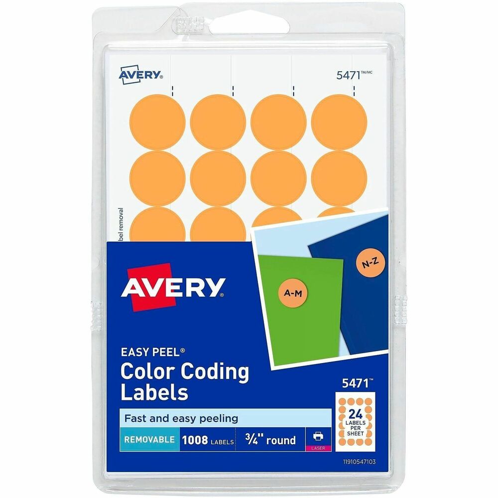 AVE05471 - Make your labeling system come alive with dazzling color by using these Easy Peel Color-Coding Labels. They stand out on documents, mailing tubes, calendars and more when you need to call attention to your important message. Handwrite your notes or use the free, online templates available to customize the labels and conveniently print them on your laser printer. Adhesive sticks firmly but allows easy removal when no longer needed. These labels deliver color-coding that paints a picture of organizational joy. Each sheet includes 24 labels.