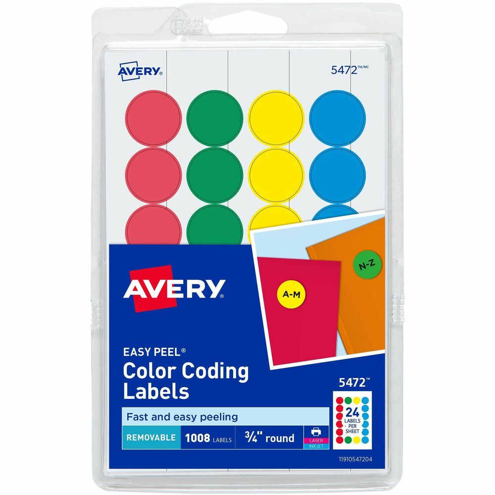 AVE05472 - Add some color to your life. These Removable Print or Write Color Coding Labels aid in organizing your home or workplace. The 3/4" round labels stick firmly to documents, inventory, sale items and more to draw the eye and help keep your important objects well-sorted. Mark notes on the labels by hand or use the free online templates to customize the labels and print them with either your laser or inkjet printer. Removable labels let you peel them away when you no longer need them. Be bold and color your world a little brighter. More from the Manufacturer