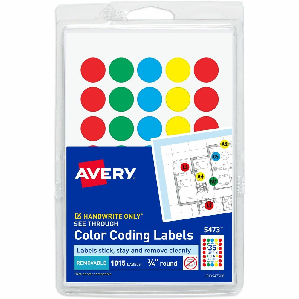 AVE05473 - Translucent round color-coding labels highlight without covering information and remove quickly and cleanly to make revisions or reposition. Round color-coding dots are ideal for maps, ledger sheets, financial reports, calendars, day planners and more. Assorted colors include red, light blue, green and yellow. More from the Manufacturer
