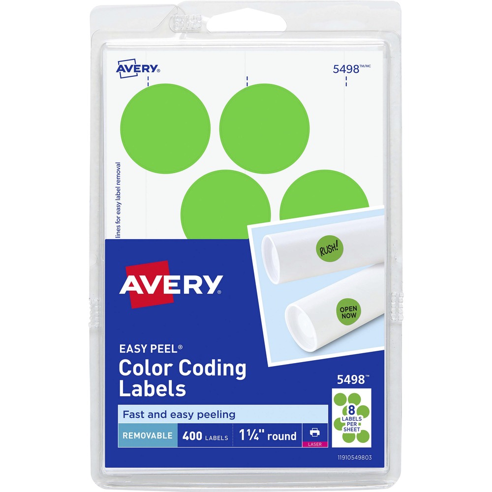 AVE05498 - Make your labeling system come alive with dazzling color by using these Easy Peel Color-Coding Labels. They stand out on documents, mailing tubes, calendars and more when you need to call attention to your important message. Handwrite your notes or use the free, online templates available to customize the labels and conveniently print them on your laser printer. Adhesive sticks firmly but allows easy removal when no longer needed. These labels deliver color-coding that paints a picture of organizational joy. Each sheet includes eight labels.