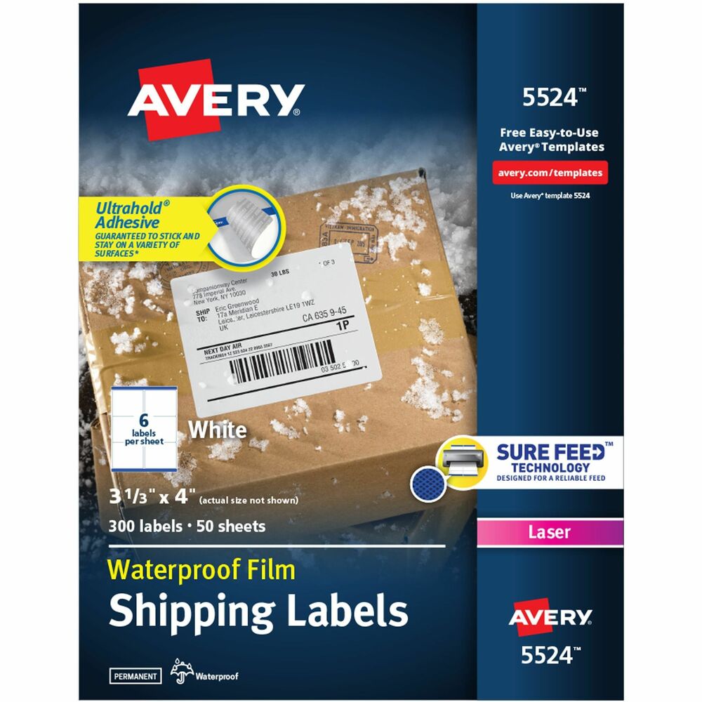 AVE5524 - These WeatherProof Mailing Labels with TrueBlock technology are made of durable polyester to stand up against harsh weather and conditions. They resist moisture, scuffing, tearing and smudging. The Ultrahold Adhesive sticks to tough surfaces ensuring your label won't fall off your package. With TrueBlock technology, the labels completely cover everything underneath so you can reuse boxes, mailing tubes, envelopes and more. Compatible with laser printers, the labels are simple to customize with sharp, clear text using free online templates and designs. More from the Manufacturer