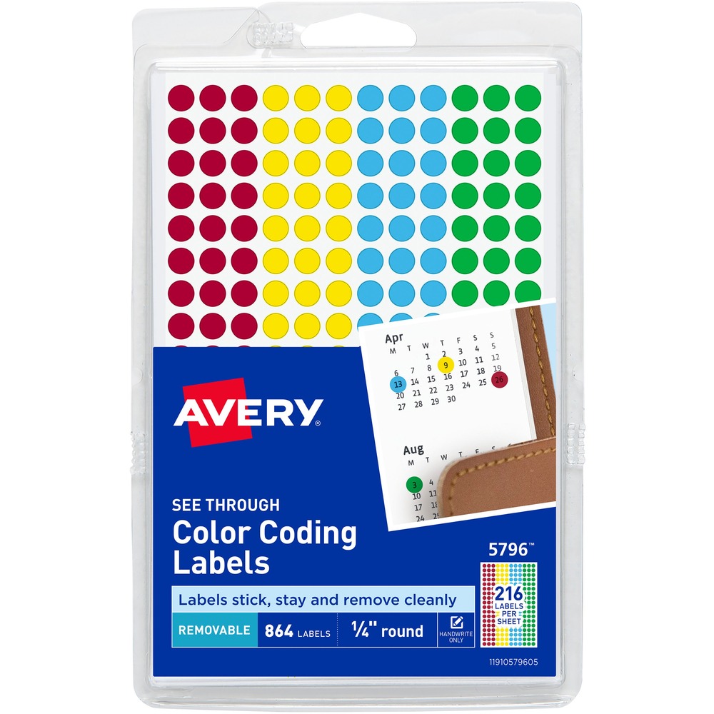 AVE05796 - Translucent round color-coding labels highlight without covering information and remove quickly and cleanly to make revisions or reposition. Round color-coding dots are ideal for maps, ledger sheets, financial reports, calendars, day planners and more. Assorted colors include red, light blue, green and yellow. More from the Manufacturer