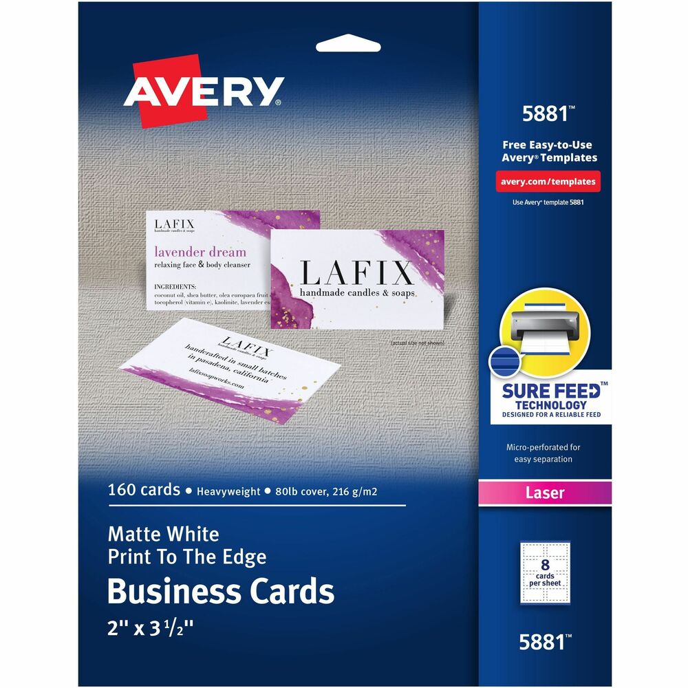AVE5881 - Create professional-looking business cards with a color laser printer. Ultra-fine perforations allow you to separate cards easily and cleanly. Letter-size, heavyweight cardstock sheets deliver sharp text and brilliant color and feed automatically from your paper tray. Design offers full-bleed (print-to-the edge) capability. 2" x 3-1/2" cards are printable both front and back. Avery offers many easy-to-use templates for Microsoft Word and other popular software programs. More from the Manufacturer