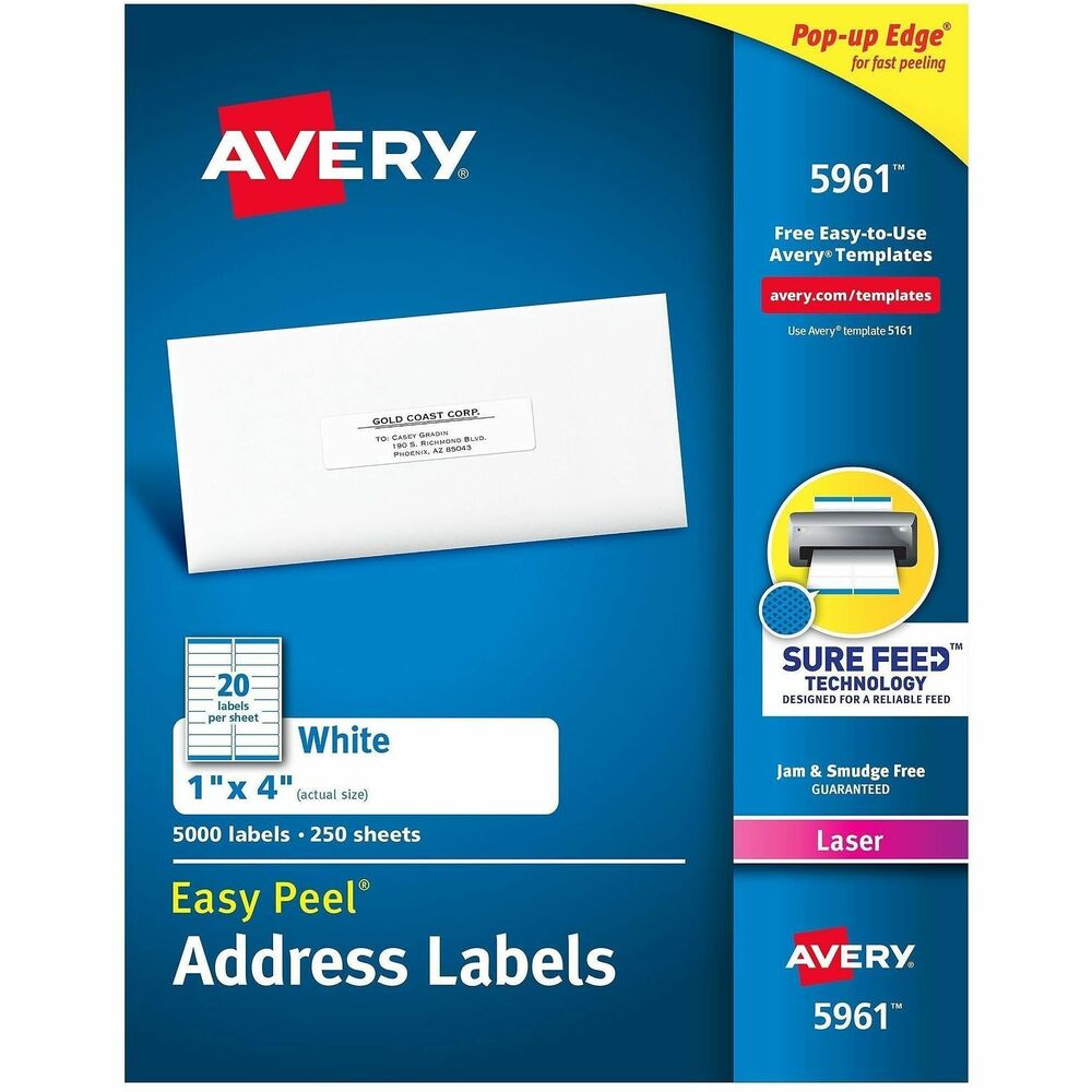 AVE5961 - Easy Peel White Address Labels are great when you want to create professional labels quickly and easily. They're perfect for high-volume mailing projects, labeling bottles, Ball and Mason jars, food containers, bath and beauty products, product branding, event decorations, party favors and crafts. Sure Feed technology is designed for a reliable feed through your printer, helping prevent misalignments and jams. The patented Easy Peel feature makes applying these labels a breeze. Simply bend the label sheet to expose the Pop-up Edge, peel off your label and fold the sheet back to flat. To easily customize your labels, use Avery's free online templates and designs. Each sheets include 20 labels that each measure 4" wide x 1" high. More from the Manufacturer