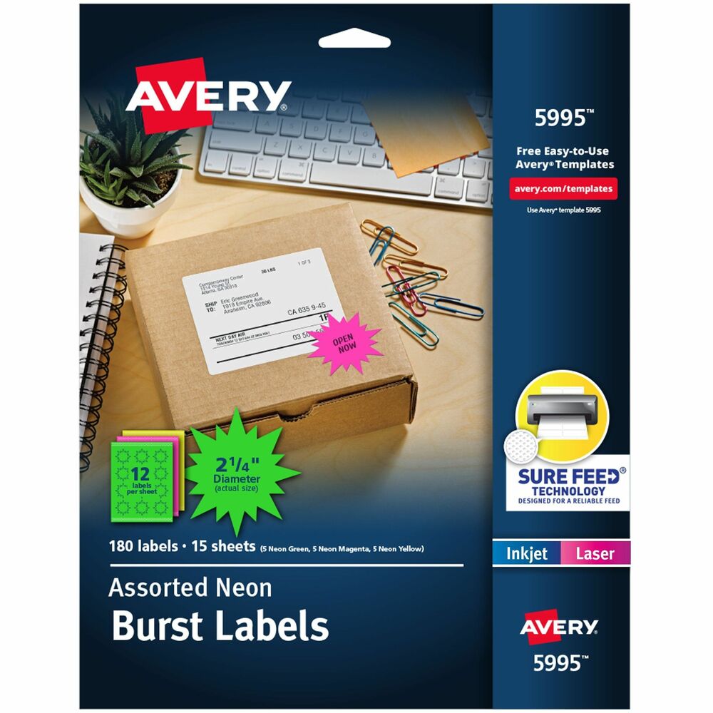 AVE5995 - Make your most important messages standout with neon labels. Ideal for priority messages, addressing, color-coding, identification/warning labels and more. Labels have permanent adhesive and offer five sheets of each bold color: magenta, green and yellow. Avery offers many easy-to-use templates for Microsoft Word and other popular software programs. More from the Manufacturer