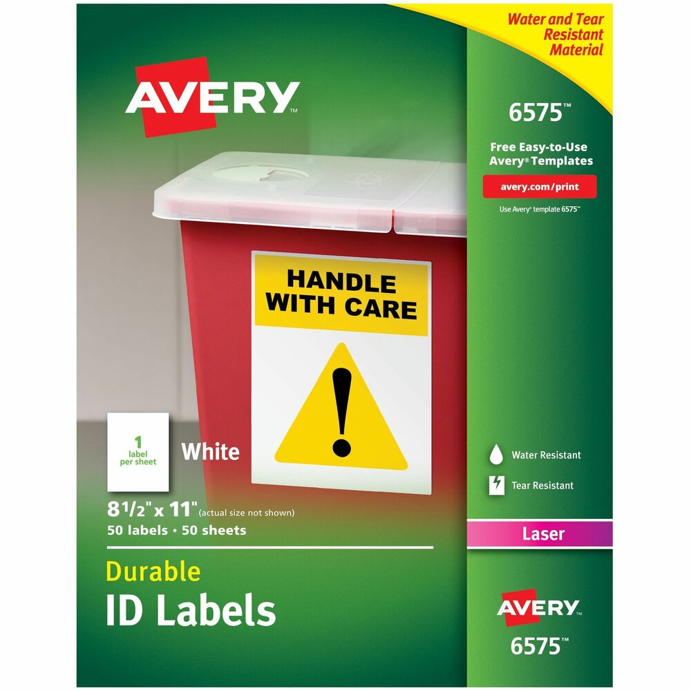 Avery® Permanent Durable ID Labels with TrueBlock(R) Technology - Waterproof - 8 1/2" Width x 11" Length - Permanent Adhesive - Rectangle - Laser - Matte - White - Film - Water Resistant - 1 / Sheet - 50 Total Sheets - 50 Total Label(s) - 50 / Pack