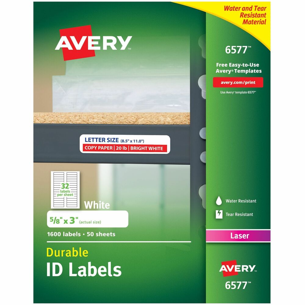 AVE6577 - Mark small, loose objects with the name of the owner and identify where it belongs with Durable ID Labels. It's easier to find what you need when everything has its place. With TrueBlock Technology, labels cover up what's underneath so you can easily reuse boxes or relabel surfaces. Slender size makes these labels ideal for labeling tools, containers and shelf space. These sturdy polyester labels stand up to frequent use and resist moisture, scuffing, tearing and smudging. The permanent adhesive sticks to a variety of surfaces, including paper, glass, plastic and metal. Labels are easy to customize with free online templates and designs and compatible with laser printers. More from the Manufacturer