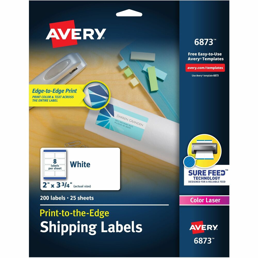 Avery® Shipping Labels, Sure Feed, 2" x 3-3/4" , 200 Labels (6873) - 2" Width x 3 3/4" Length - Permanent Adhesive - Rectangle - Laser, Inkjet - Matte - White - Paper - 8 / Sheet - 25 Total Sheets - 200 Total Label(s) - 200 / Pack