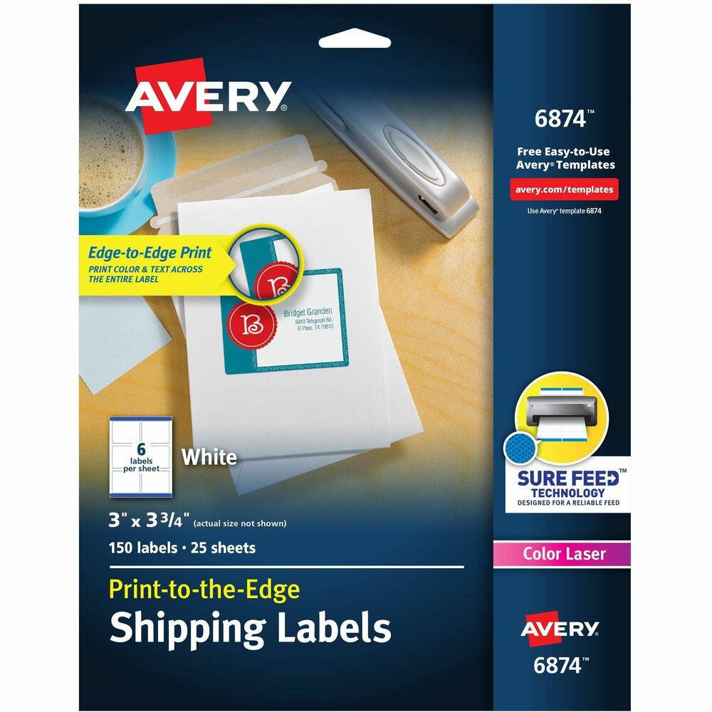 Avery® Shipping Labels, Sure Feed, 3" x 3-3/4" , 150 Labels (6874) - 3" Width x 3 3/4" Length - Permanent Adhesive - Rectangle - Laser, Inkjet - Matte - White - Paper - 6 / Sheet - 25 Total Sheets - 150 Total Label(s) - 150 / Pack