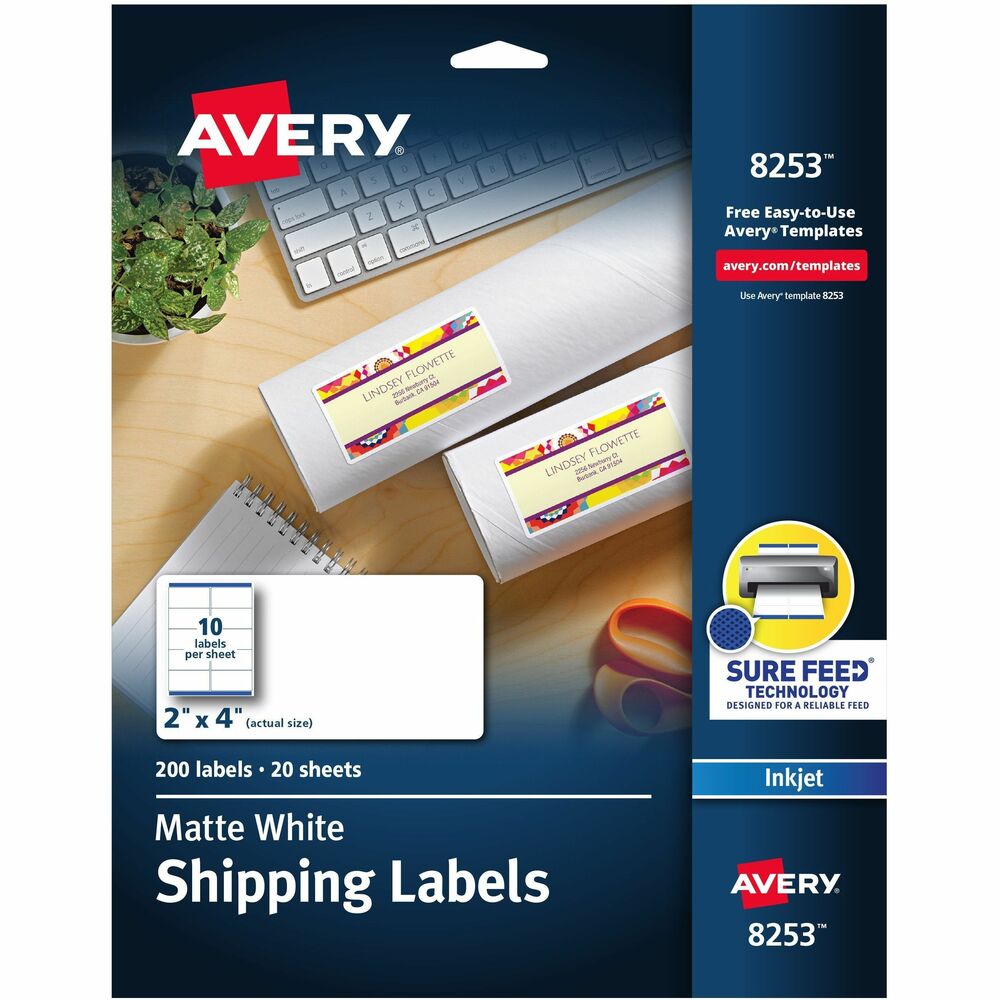 AVE8253 - Matte white mailing labels for color inkjet printing feature a special coating that provides vivid color and sharp text for brilliant, high-resolution color images and labels. Ideal for mailings, messages, invitations and announcements. Avery offers many easy-to-use templates for Microsoft Word and other popular software programs. More from the Manufacturer