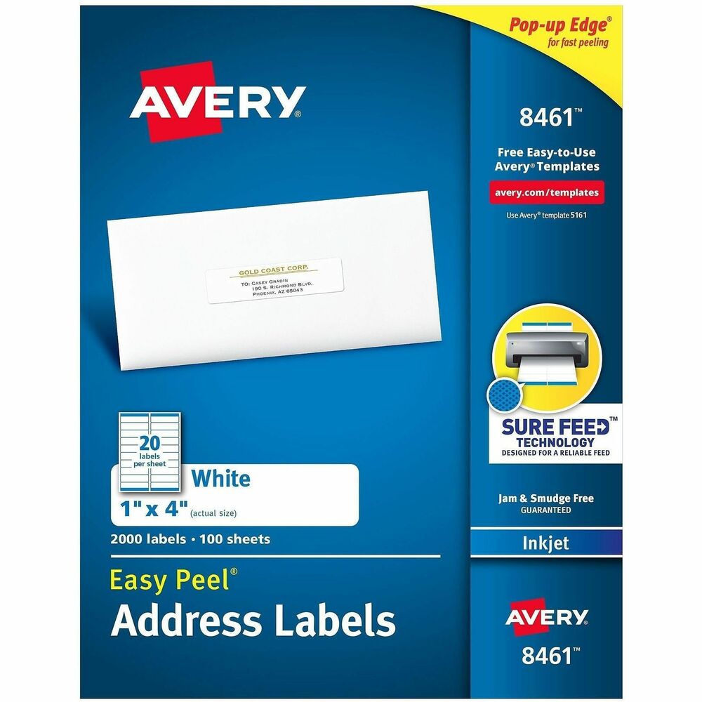 AVE8461 - Easy Peel White Address Labels are great when you want to create professional labels quickly and easily. They're perfect for high-volume mailing projects, labeling bottles, Ball and Mason jars, food containers, bath and beauty products, product branding, event decorations, party favors and crafts. Sure Feed technology is designed for a reliable feed through your printer, helping prevent misalignments and jams. The patented Easy Peel feature makes applying these labels a breeze. Simply bend the label sheet to expose the Pop-up Edge, peel off your label and fold the sheet back to flat. To easily customize your labels, use Avery's free online templates and designs. Each sheet includes 20 labels that each measure 4" wide x 1" high. More from the Manufacturer
