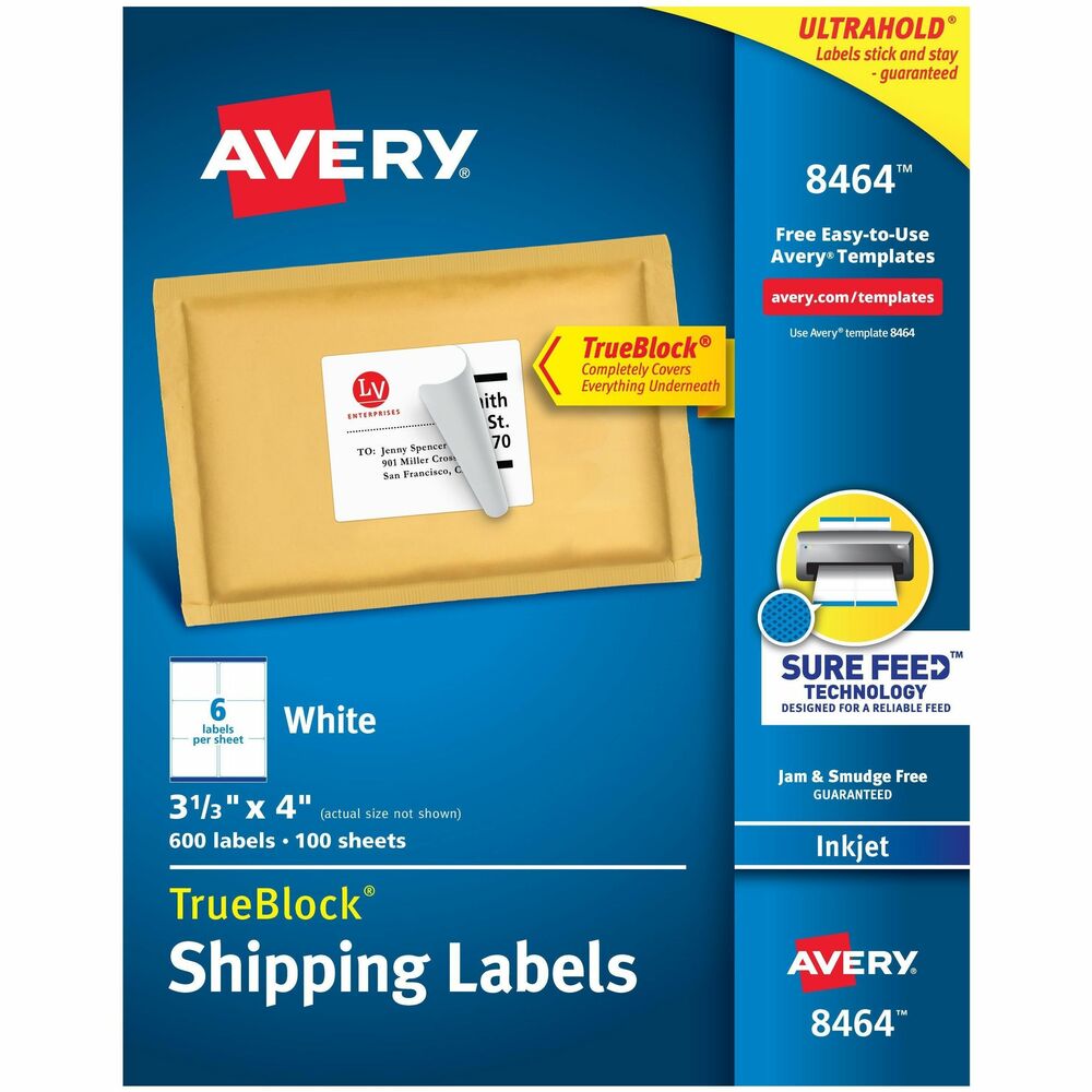 AVE8464 - Create professional-looking labels quickly using Shipping Labels with TrueBlock Technology. Labels with TrueBlock completely cover everything underneath so you can reuse mailing tubes, boxes and more. Bright-white labels have permanent adhesive and are jam-free and smudge-free. They are perfect for creating professional-looking mailings, shipping, bar coding and organizing. Labels are designed for use in inkjet printers. Avery offers many easy-to-use templates for Microsoft Word and other popular software programs. More from the Manufacturer