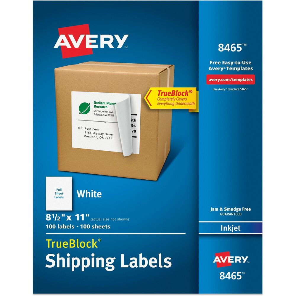 AVE8465 - Create professional-looking labels quickly using Shipping Labels with TrueBlock Technology. Labels with TrueBlock completely cover everything underneath so you can reuse mailing tubes, boxes and more. Bright-white labels have permanent adhesive and are jam-free and smudge-free. They are perfect for creating professional-looking mailings, shipping, bar coding and organizing. Labels are designed for use in inkjet printers. Avery offers many easy-to-use templates for Microsoft Word and other popular software programs. More from the Manufacturer