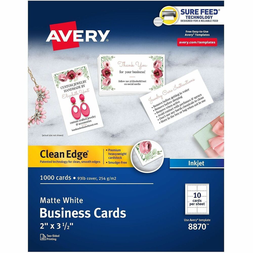 AVE8870 - Design and print your own professional business cards in minutes with Clean Edge Business Cards. They are made with premium cardstock that has a weight of 93 lb./254 gsm. Each customizable business card immediately communicates quality as soon as you hold them. Whether you're looking for professional business cards, loyalty cards, RSVP cards or business "thank you" cards, these versatile cards are a spectacular way to stand out. Clean Edge technology ensures that your cards snap apart with smooth, clean edges. Get a more reliable feed through your printer with proprietary, Avery Sure Feed technology designed to reduce print misalignments and paper jams. Enjoy stunning double-sided designs with business card paper that is printable on both sides and compatible with inkjet printers. Use Avery Design and Print Online to easily create custom business cards with your own design or with Avery's free templates. More from the Manufacturer