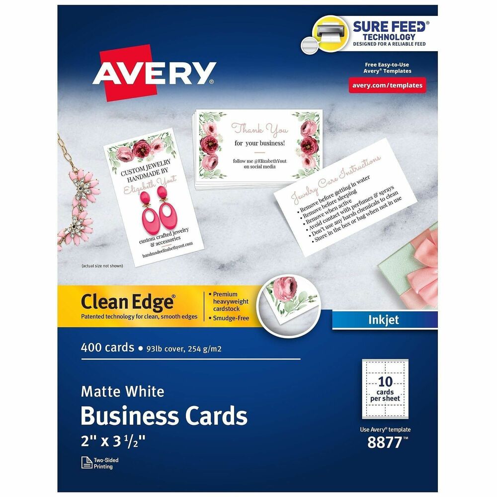 AVE8877 - Design and print your own professional business cards in minutes with Clean Edge Business Cards. They are made with premium cardstock that has a weight of 93 lb./254 gsm. Each customizable business card immediately communicates quality as soon as you hold them. Whether you're looking for professional business cards, loyalty cards, RSVP cards or business "thank you" cards, these versatile cards are a spectacular way to stand out. Clean Edge technology ensures that your cards snap apart with smooth, clean edges. Get a more reliable feed through your printer with proprietary, Avery Sure Feed technology designed to reduce print misalignments and paper jams. Enjoy stunning double-sided designs with business card paper that is printable on both sides and compatible with inkjet printers. Use Avery Design and Print Online to easily create custom business cards with your own design or with Avery's free templates. Each sheet includes 10 cards (3-1/2" wide x 2" high). More from the Manufacturer