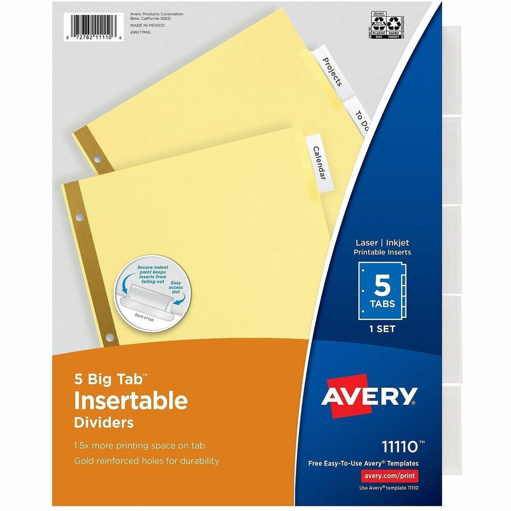 AVE11110 - Dividers feature a special tab design so inserts are secure yet easy to insert and remove. Bigger tabs and inserts provide 50 percent more printing space for tab titles than traditional, insertable tab dividers. Dividers feature buff paper and double gold-reinforced edges. Avery offers many easy-to-use templates in Microsoft Word and other popular software programs. Create and update tab inserts using your laser or inkjet printer.