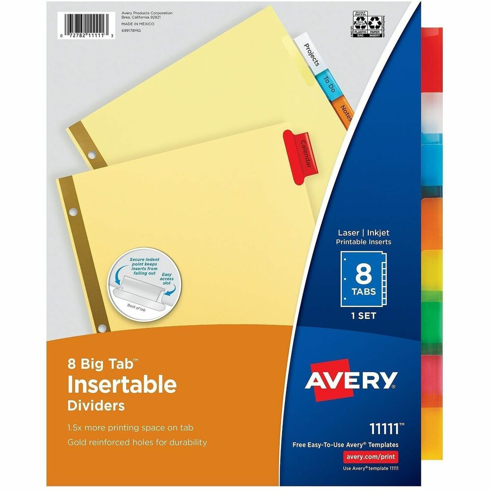 AVE11111 - Dividers feature a special tab design so inserts are secure yet easy to insert and remove. Bigger tabs and inserts provide 50 percent more printing space for tab titles than traditional, insertable tab dividers. Dividers feature buff paper and double gold-reinforced edges. Avery offers many easy-to-use templates in Microsoft Word and other popular software programs. Create and update tab inserts using your laser or inkjet printer.