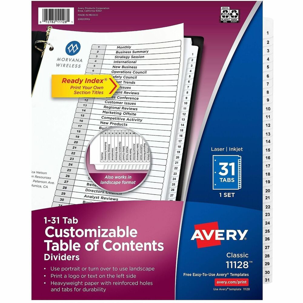 AVE11128 - Create great-looking documents with black and white style dividers and quickly make multiple copies. Coordinated divider system includes a reinforced Table of Contents page, matching preprinted tab dividers labeled, added tab reinforcement, double-sided hole reinforcement on tabbed dividers and paper made of heavy stock. 2-in-1 tab design lets you pick between portrait and landscape formats. Simply print the section titles onto the Table of Contents page using your inkjet or laser printer. Tab dividers are also compatible with typewriters and copiers. Dividers are three-hole punched for use in binders. Avery offers many easy-to-use templates for Microsoft Word and other popular software programs.