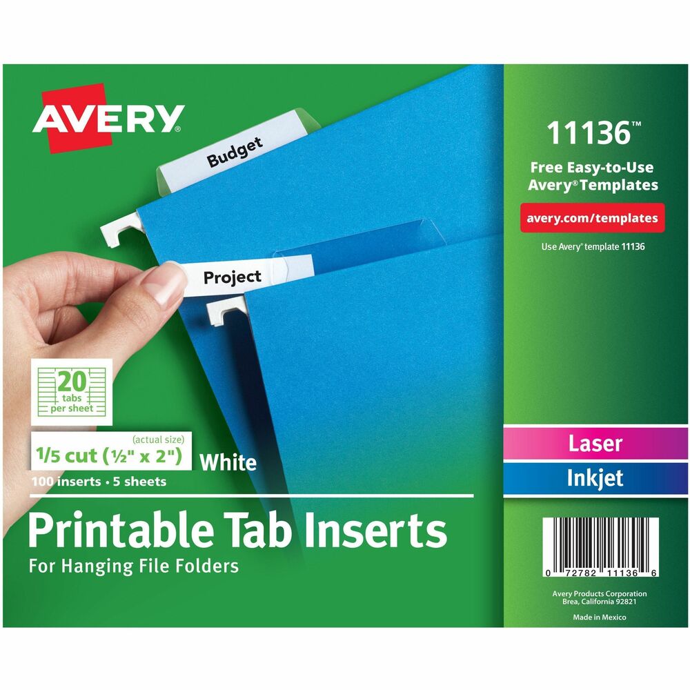 AVE11136 - Create titles instantly for hanging files using word processing software and inkjet or laser printer or typewriter. Side-by-side folding design allows printing on both sides. Avery offers many easy-to-use templates for Microsoft Word and other popular software programs. More from the Manufacturer