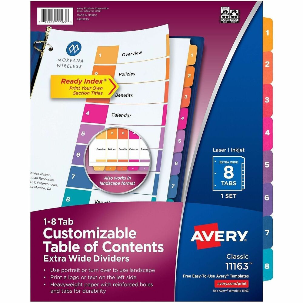 AVE11163 - Index dividers offer a fast way to organize with impact. Extra-wide design is ideal for use with 9" x 11" sheet protectors. Coordinating system includes a reinforced Table of Contents page, matching numbered tab dividers, added tab reinforcement, double-sided hole reinforcement on tabbed dividers and paper made of heavy stock. 2-in-1 tab design let you pick between portrait and landscape formats. Simply print the section titles onto the Table of Contents page using your inkjet or laser printer. Tab dividers are also compatible with typewriters and copiers. Dividers are three-hole punched for use in binders. Avery offers many easy-to-use templates for Microsoft Word and other popular software programs.