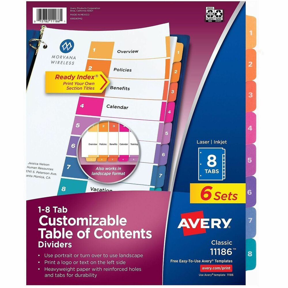 AVE11186 - Coordinated divider system makes referencing easy and delivers a professional look. The set includes a reinforced Table of Contents page, matching preprinted tab dividers in assorted colors, added tab reinforcement, double-sided hole reinforcement on tabbed dividers and paper made of heavy stock. 2-in-1 tab design lets you pick between portrait and landscape formats. Simply print the section titles onto the Table of Contents page using your inkjet or laser printer. Tab dividers are also compatible with typewriters and copiers. Dividers are three-hole punched for use in binders. Avery offers many easy-to-use templates for Microsoft Word and other popular software programs. More from the Manufacturer