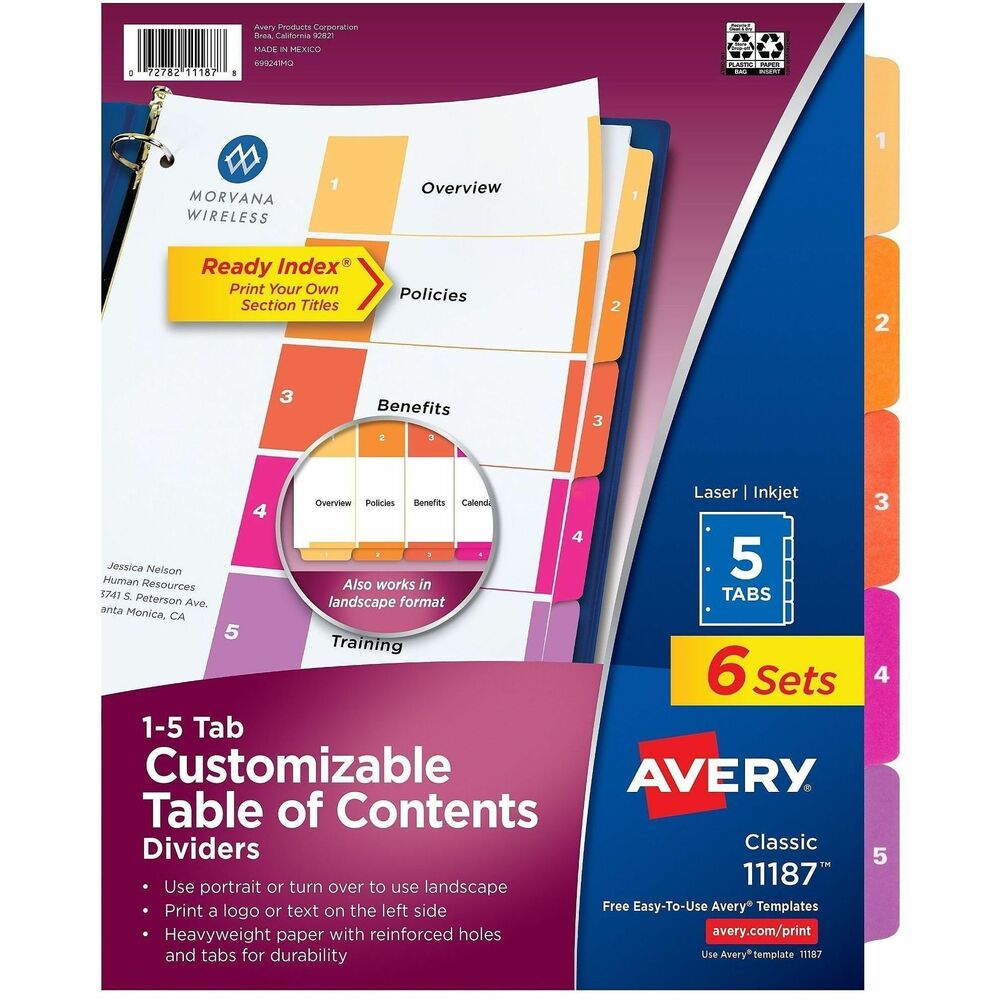 AVE11187 - Coordinated divider system makes referencing easy and delivers a professional look. The set includes a reinforced Table of Contents page, matching preprinted tab dividers in assorted colors, added tab reinforcement, double-sided hole reinforcement on tabbed dividers and paper made of heavy stock. 2-in-1 tab design lets you pick between portrait and landscape formats. Simply print the section titles onto the Table of Contents page using your inkjet or laser printer. Tab dividers are also compatible with typewriters and copiers. Dividers are three-hole punched for use in binders. Avery offers many easy-to-use templates for Microsoft Word and other popular software programs. More from the Manufacturer