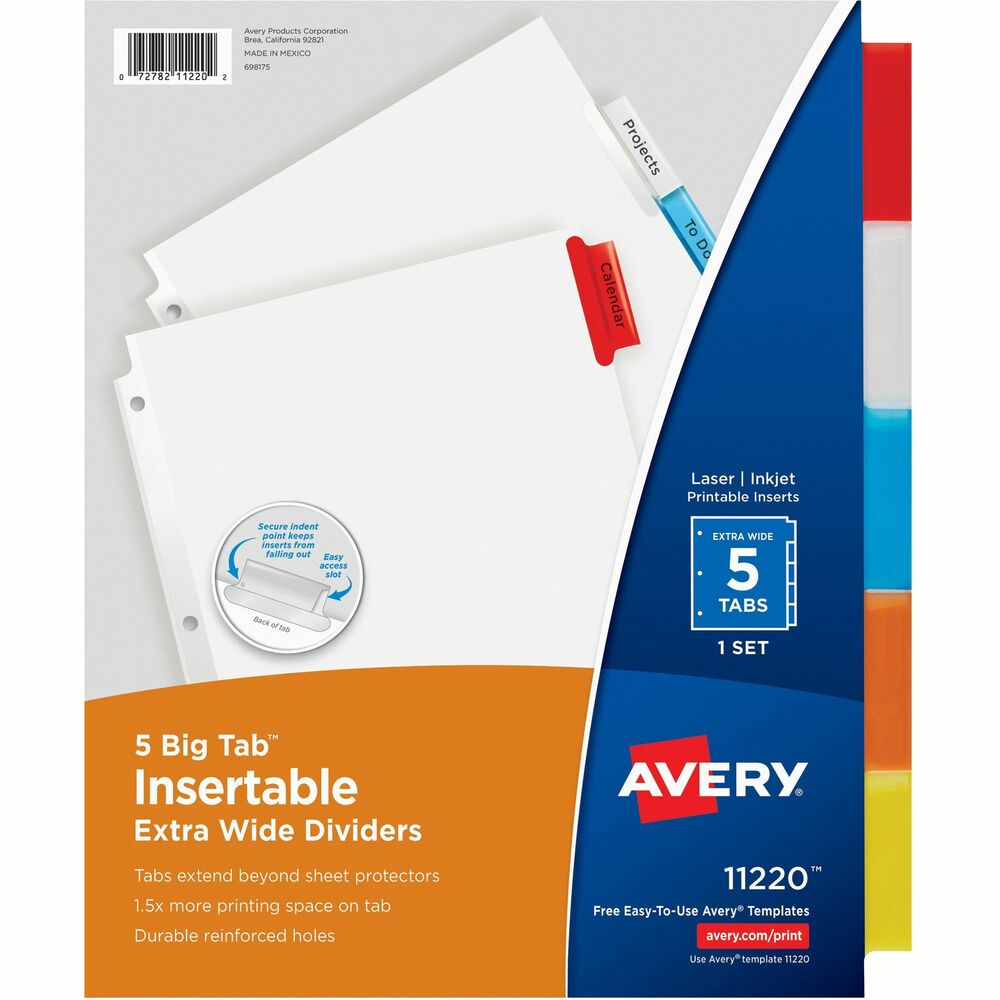 AVE11220 - Dividers feature a special tab design so inserts are secure yet easy to insert and remove. Big tabs and inserts provide 50 percent more printing space for tab titles than traditional, insertable tab dividers. Dividers feature extra-wide white paper and single-sided, clear-reinforced edges. Avery offers many easy-to-use templates for Microsoft Word and other popular software programs. Create and update tab inserts using your laser or inkjet printer.