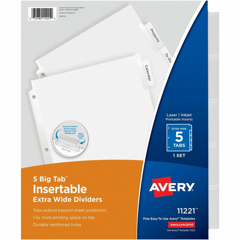 AVE11221 - Dividers feature a special tab design so inserts are secure yet easy to insert and remove. Big tabs and inserts provide 50 percent more printing space for tab titles than traditional, insertable tab dividers. Dividers feature extra-wide white paper and single-sided, clear-reinforced edges. Avery offers many easy-to-use templates for Microsoft Word and other popular software programs. Create and update tab inserts using your laser or inkjet printer.