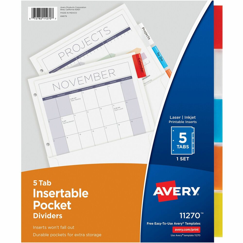 AVE11270 - Durable white dividers feature a clear, reinforced binding edge and Rip-Proof tabs. Three-hole punched and ready for use. Each divider features a front storage pocket wide enough to hold letter-size pages without punching or folding. Stash loose papers, CDs, notes and more. Divider includes standard-size tab inserts. Compatible with your laser or inkjet printer. Avery offers many easy-to-use templates for Microsoft and many other popular software programs.